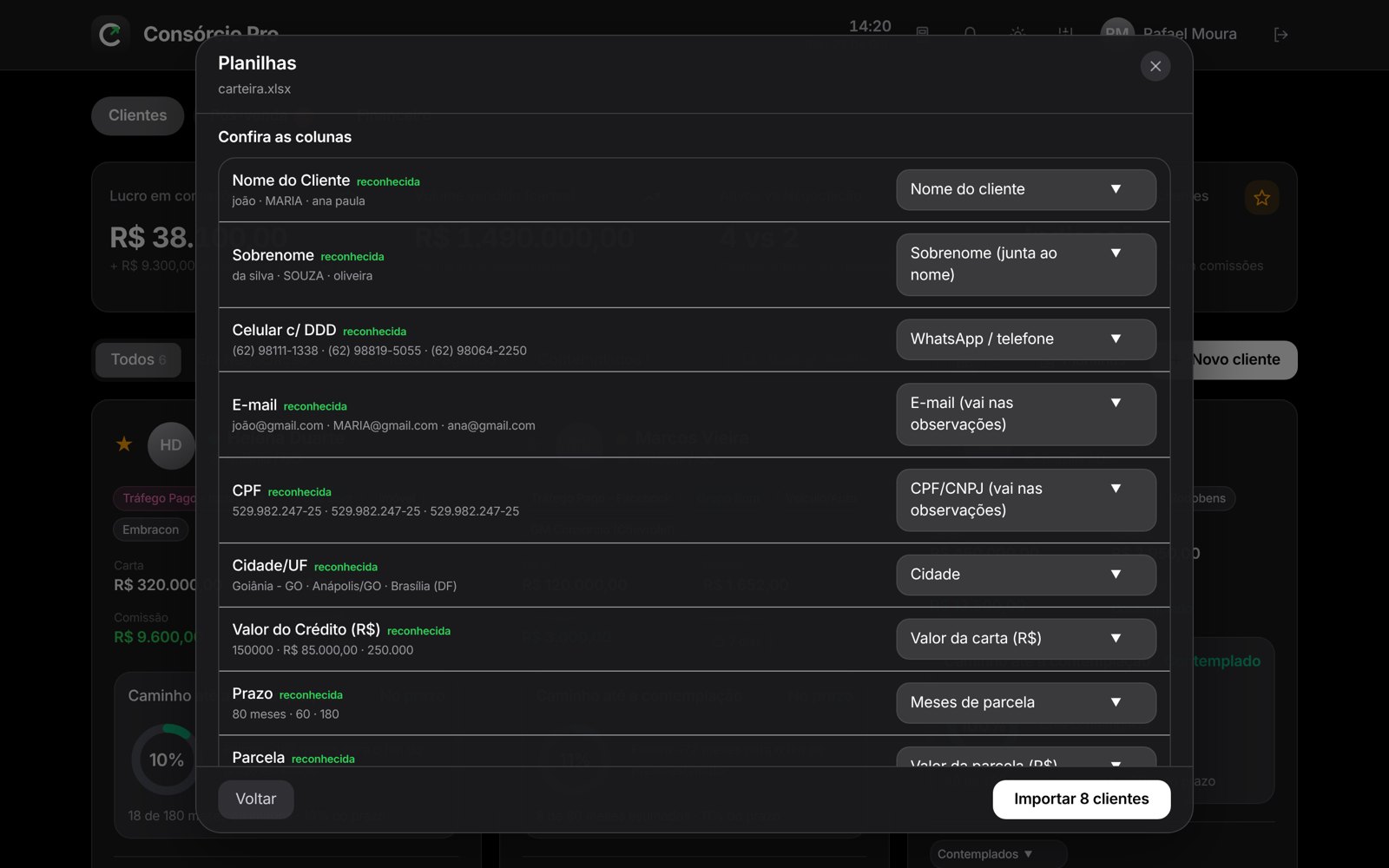 Tela de importação de planilha mostrando as colunas reconhecidas