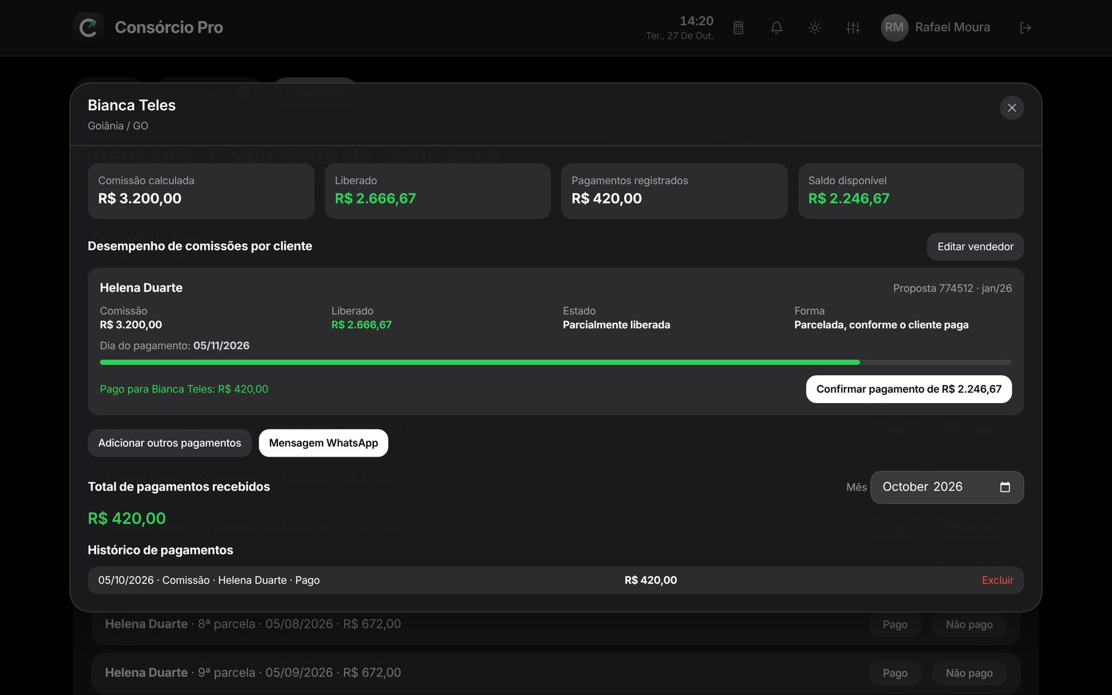 Perfil do vendedor com comissão calculada, liberada e confirmação de pagamento